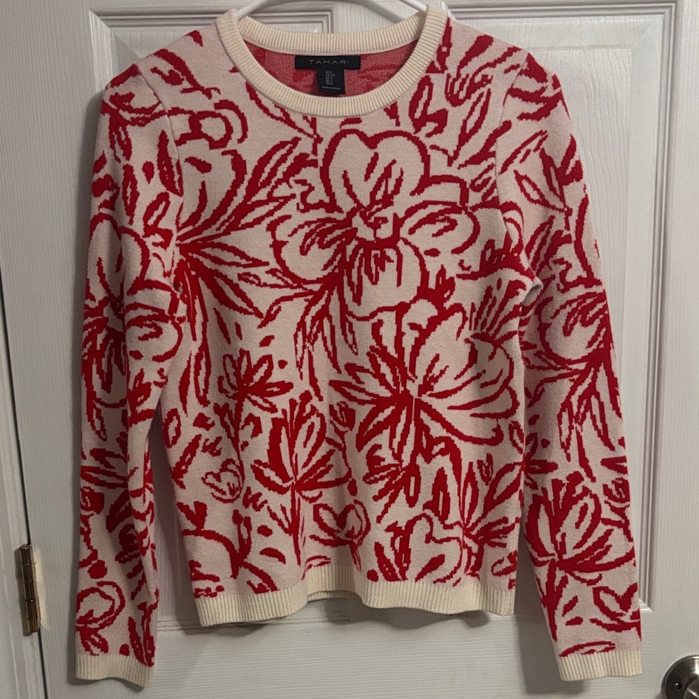 Tahari Cream and Red Floral Crewneck Sweater